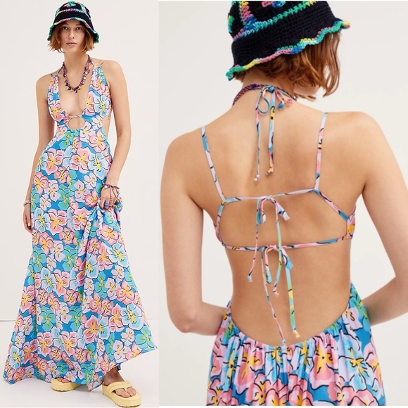 For Love And Lemons Dresses & Skirts - For Love & Lemons Yasmin Open Back Floral Maxi Dress Large Cut Out Plunge NWT